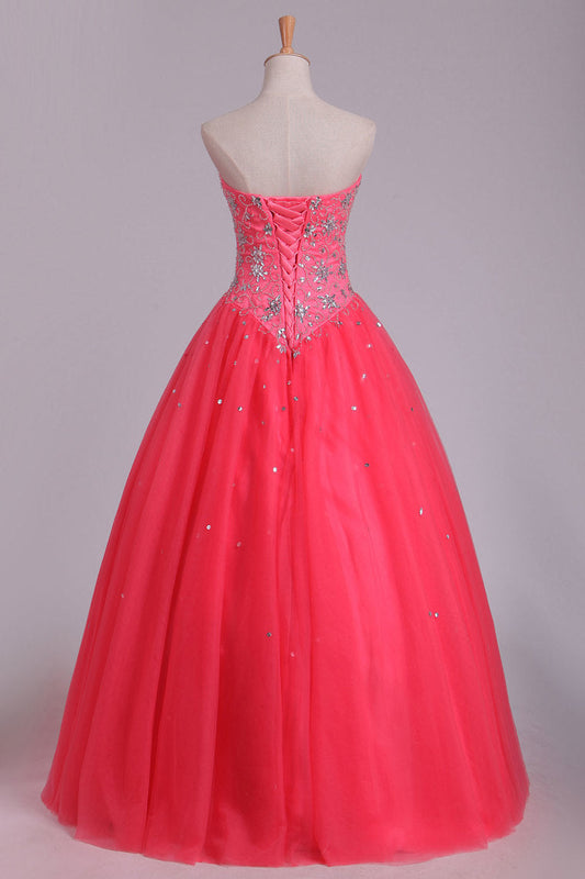 2024 Quinceanera Dresses Ball Gown Sweetheart Floor Length Beaded Bodice Tulle