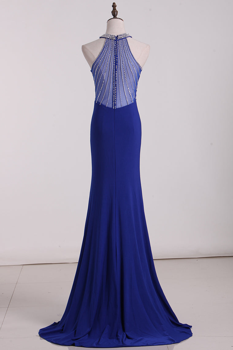 2024 Prom Dresses Scoop Mermaid Spandex With Beading Sweep Train