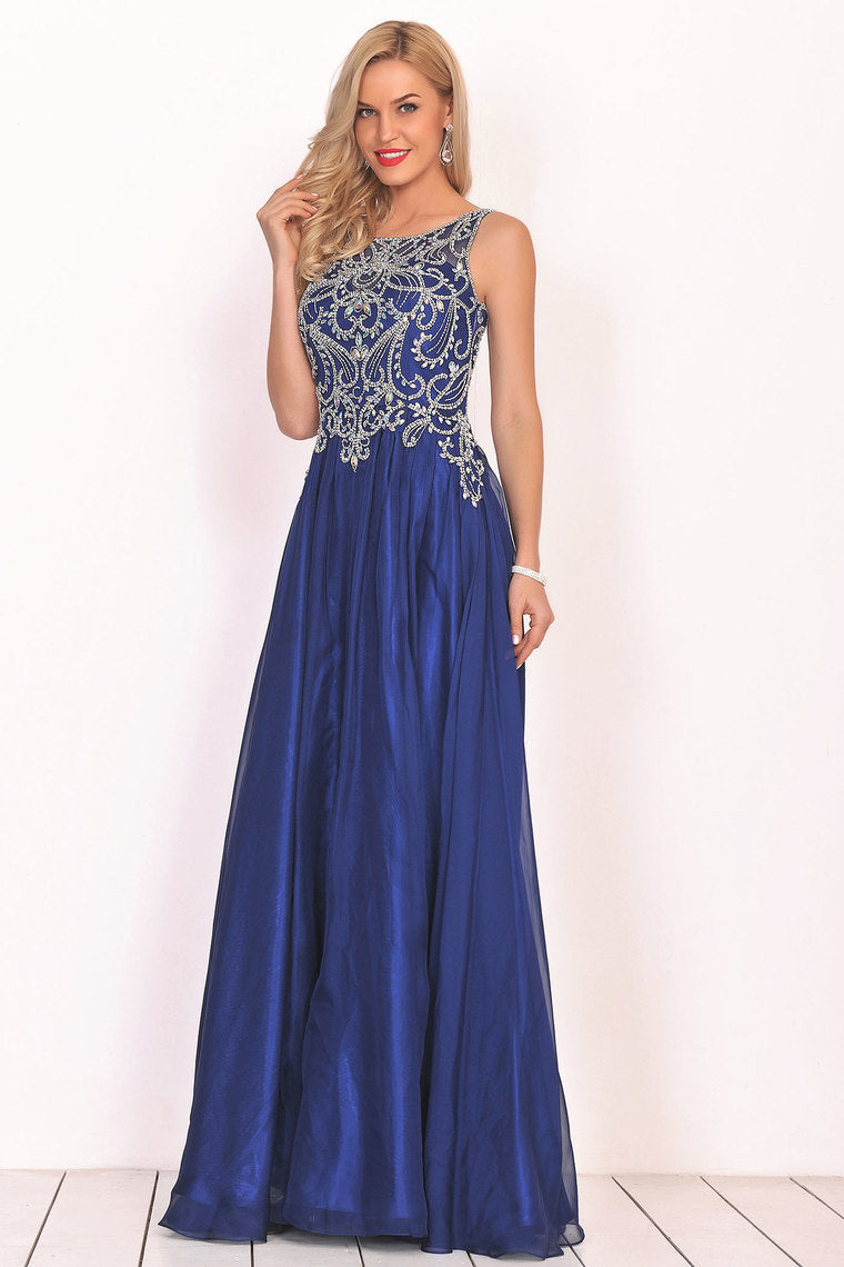 2024 A Line Prom Dresses Scoop Chiffon With Beading Sweep Train