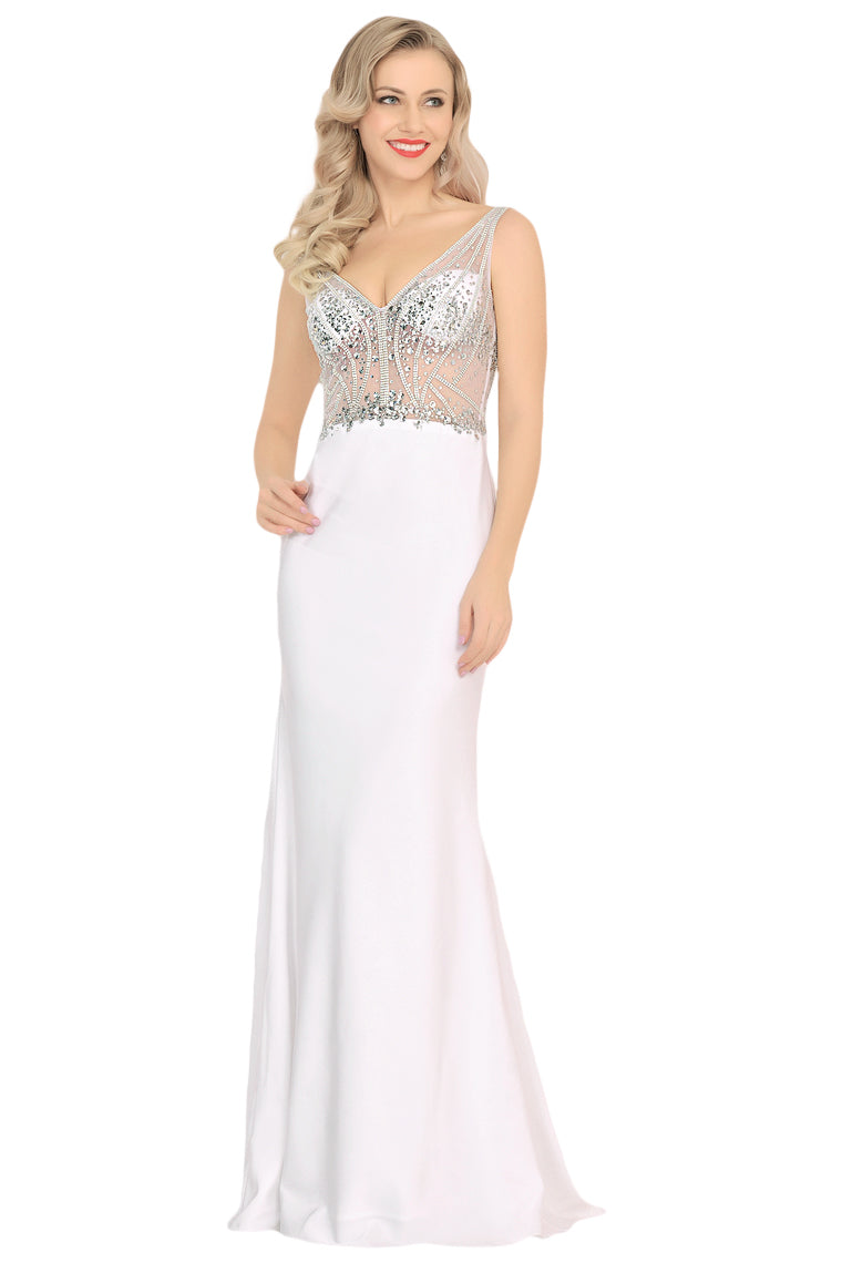 2024 Spandex V Neck Beaded Bodice Mermaid Sweep Train Prom Dresses See-Through