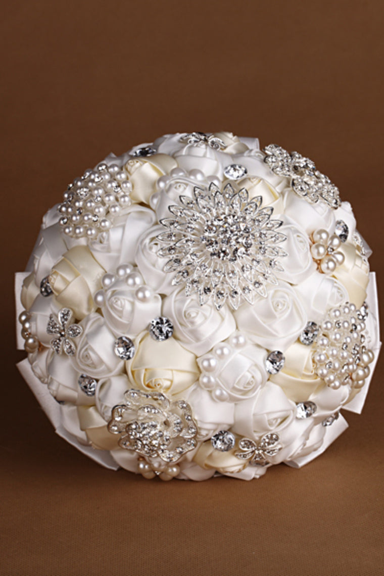 Pure White&Ivory Ribbon Roses With Pearls Wedding Bouquet (27*20cm)