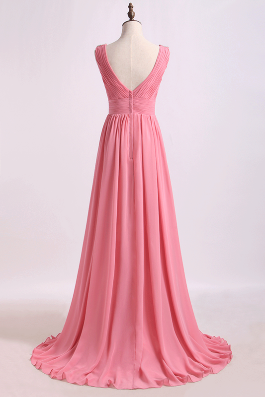 2024 V Neck A Line Chiffon Bridesmaid Dress With Beads Floor Length