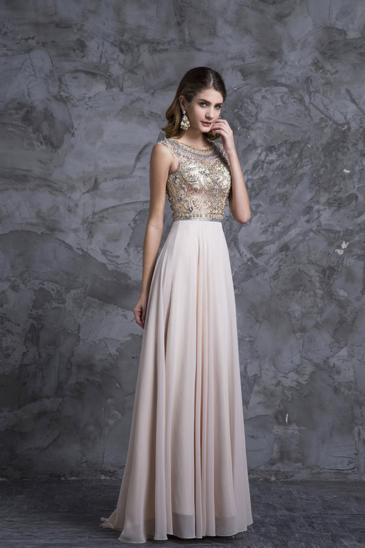 2024 Prom Dresses A-Line Scoop Beaded Bodice Floor-Length Chiffon Zipper Back