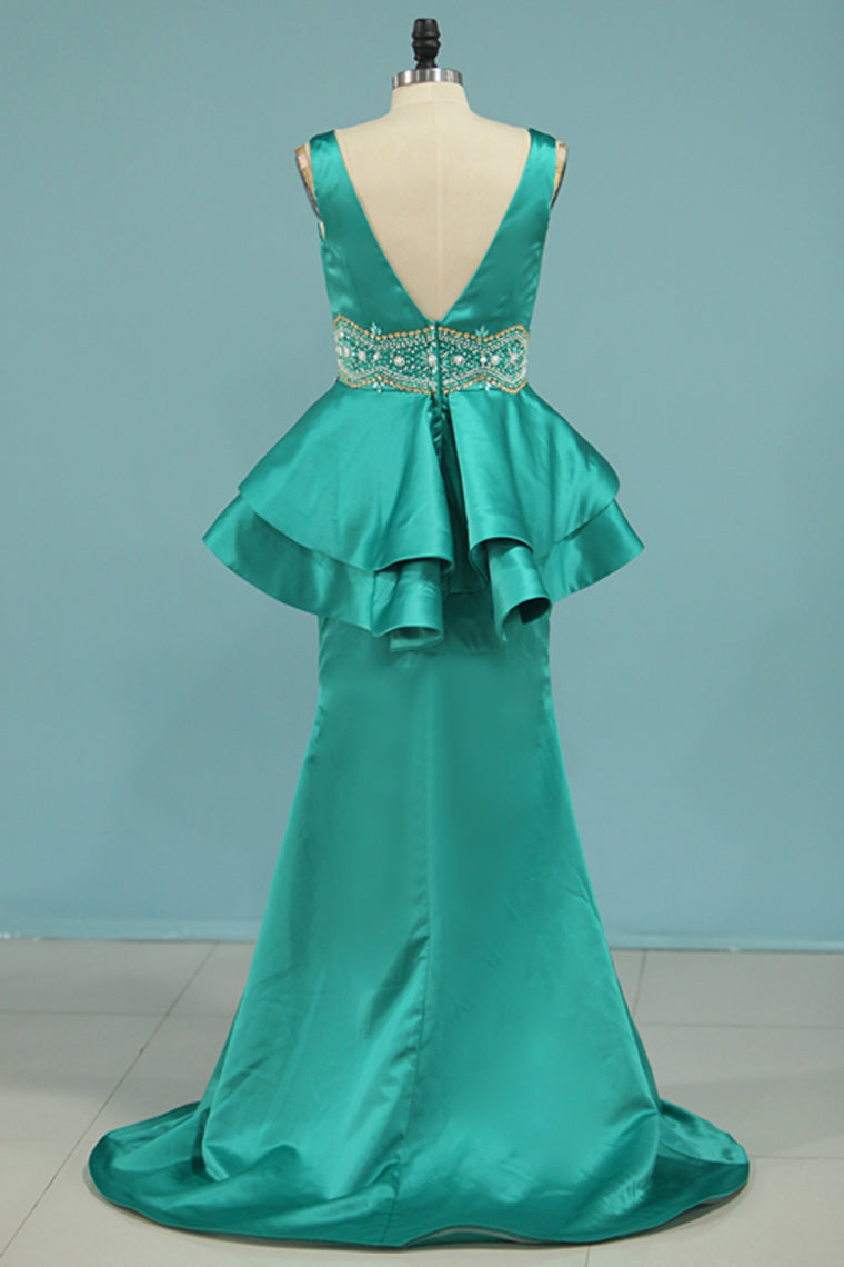 2024 Satin Prom Dresses Mermaid V Neck With Beading Sweep Train