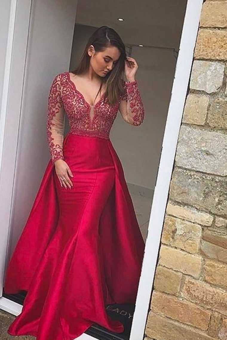 2024 Red Prom Dress Satin V Neck With Pearled Bodice And Long Train