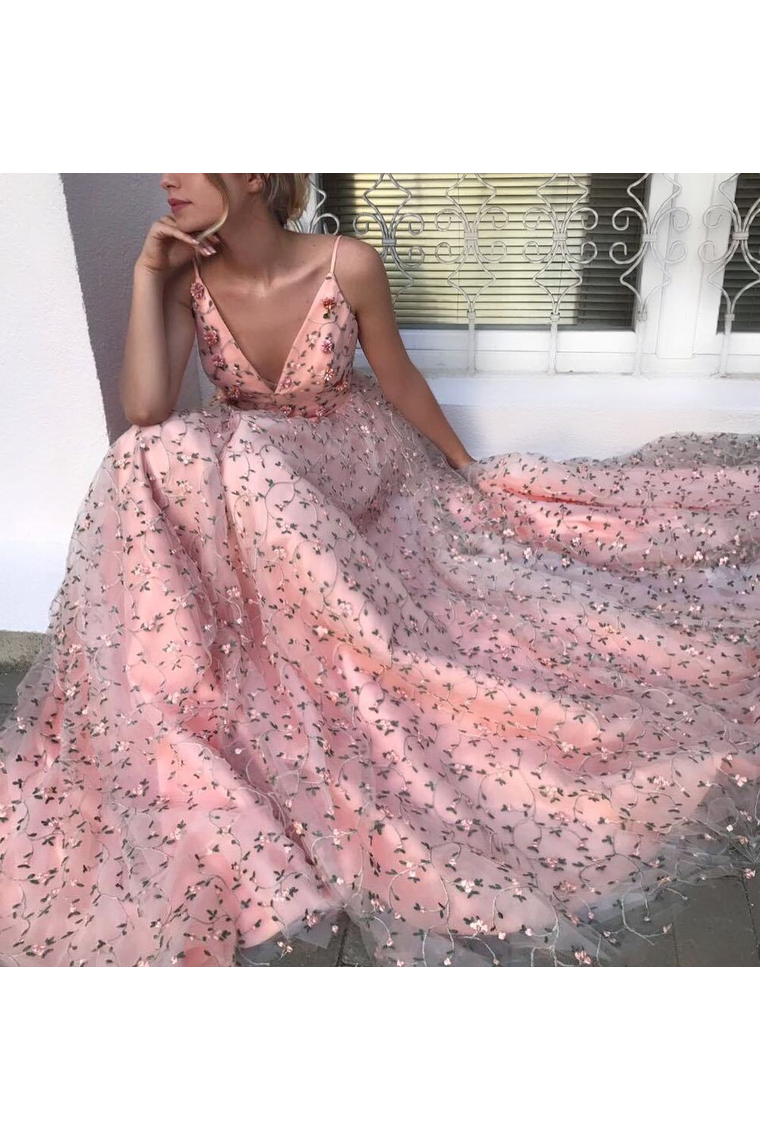 2024 Elegant Pink  V Neck  Floral Lace Long Prom Dresses Spaghetti Strap Formal Dress