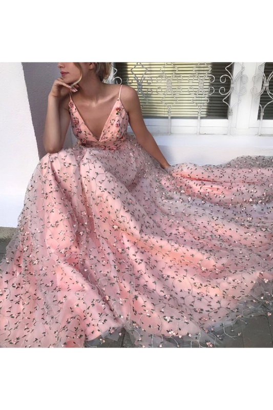 2024 Elegant Pink  V Neck  Floral Lace Long Prom Dresses Spaghetti Strap Formal Dress