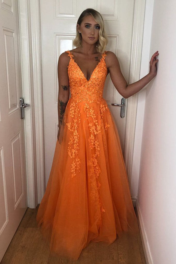 A Line V Neck Backless Lace Appliques Formal Dresses Orange Prom Dresses