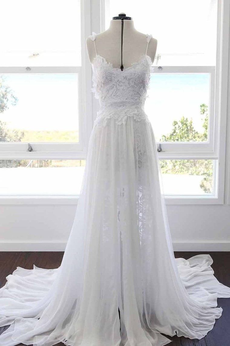 Spaghetti Straps Lace Beach Wedding Dress With Chiffon, Boho Bridal Dress With Slit