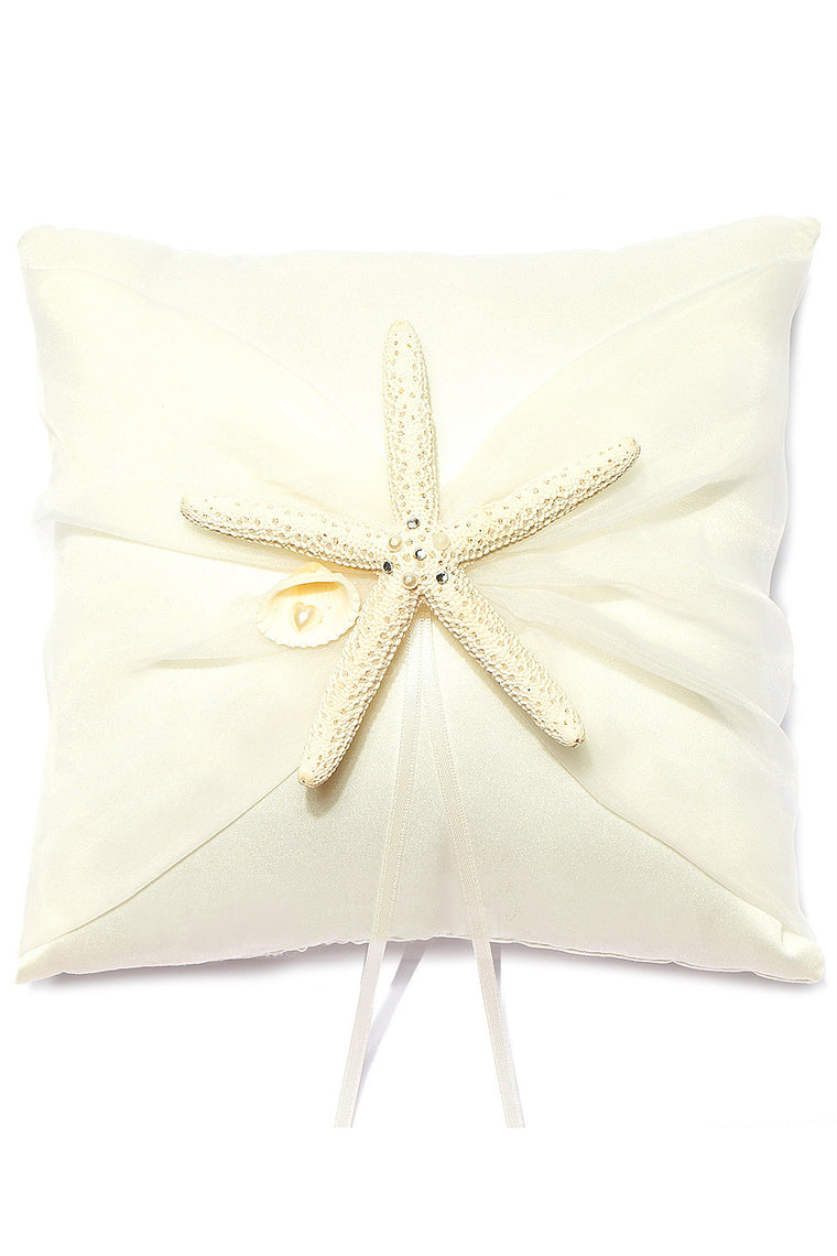 Beach Themed Ring Pillow In Satin With Starfish And Seashell