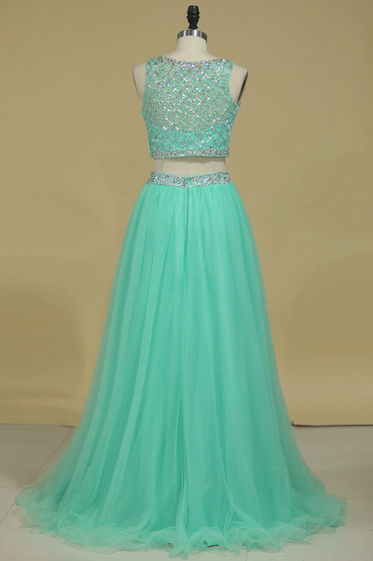 2024 Two Pieces Prom Dress Bateau A Line Pick Up Tulle With Beading