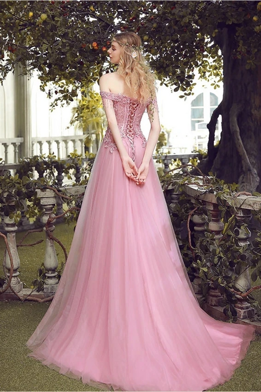 Off The Shoulder Tulle Prom Dress With Appliques, Long Evening Dresses