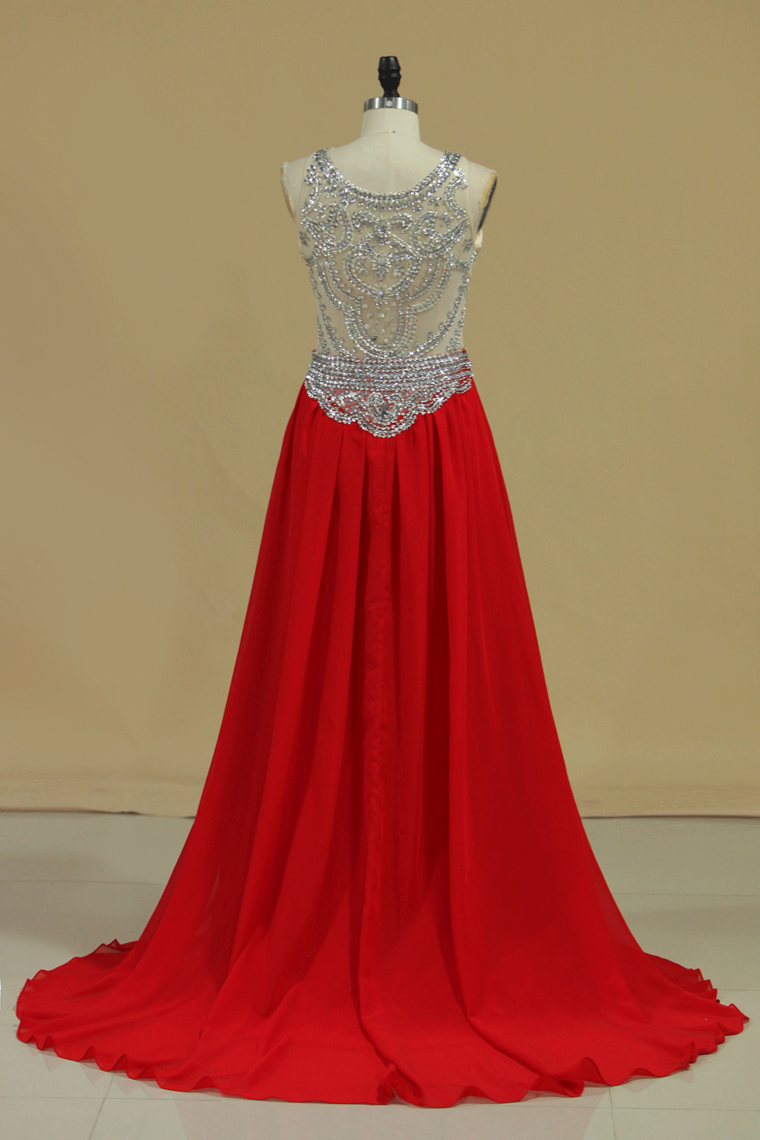 2024 Scoop Prom Dresses A Line Beaded Bodice Court Train Chiffon