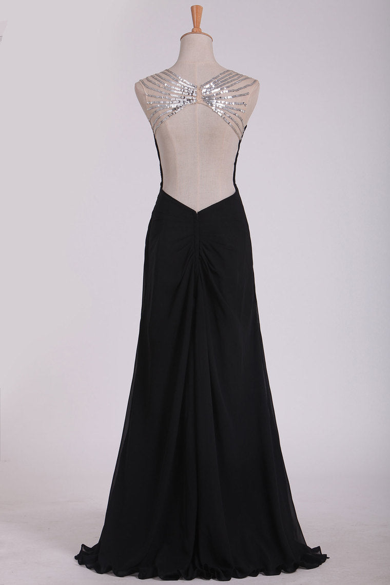 2024 Sexy Open Back Prom Dresses Straps Sheath Chiffon With Beads And Ruffles