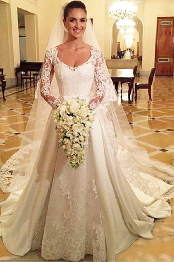 Gorgeous Long Sleeves V Neck Satin Lace Court Train Wedding Dresses