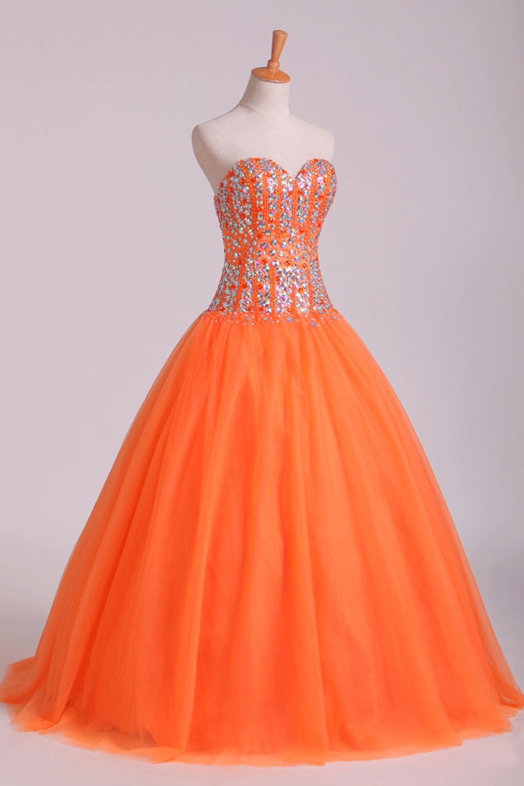 2024 Quinceanera Dresses Ball Gown Sweetheart Beaded Bodice Floor Length Tulle