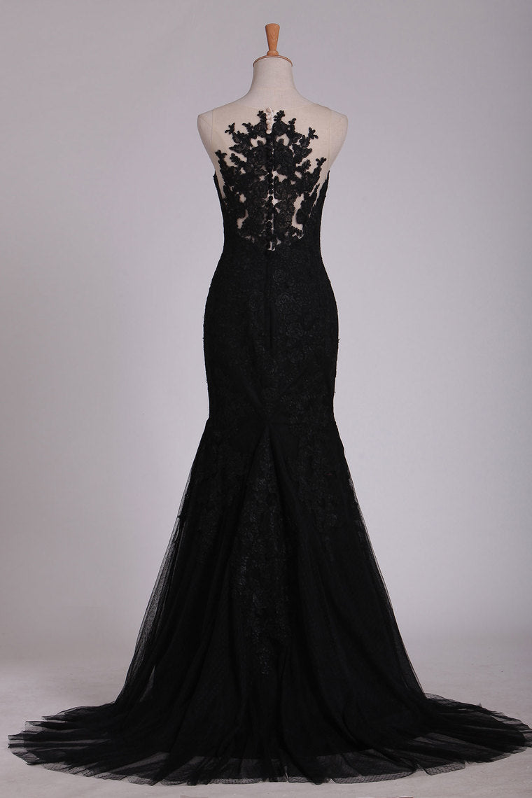 2024 Black Evening Dresses Scoop Tulle With Applique Sweep Train Mermaid/Trumpet