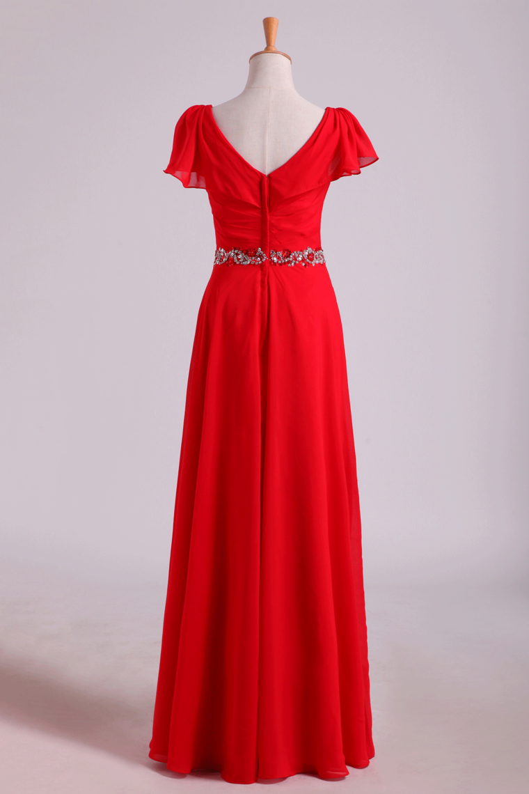 2024 Mother Of The Bride Dresses V-Neck Floor-Length Chiffon With Beading Waist Line