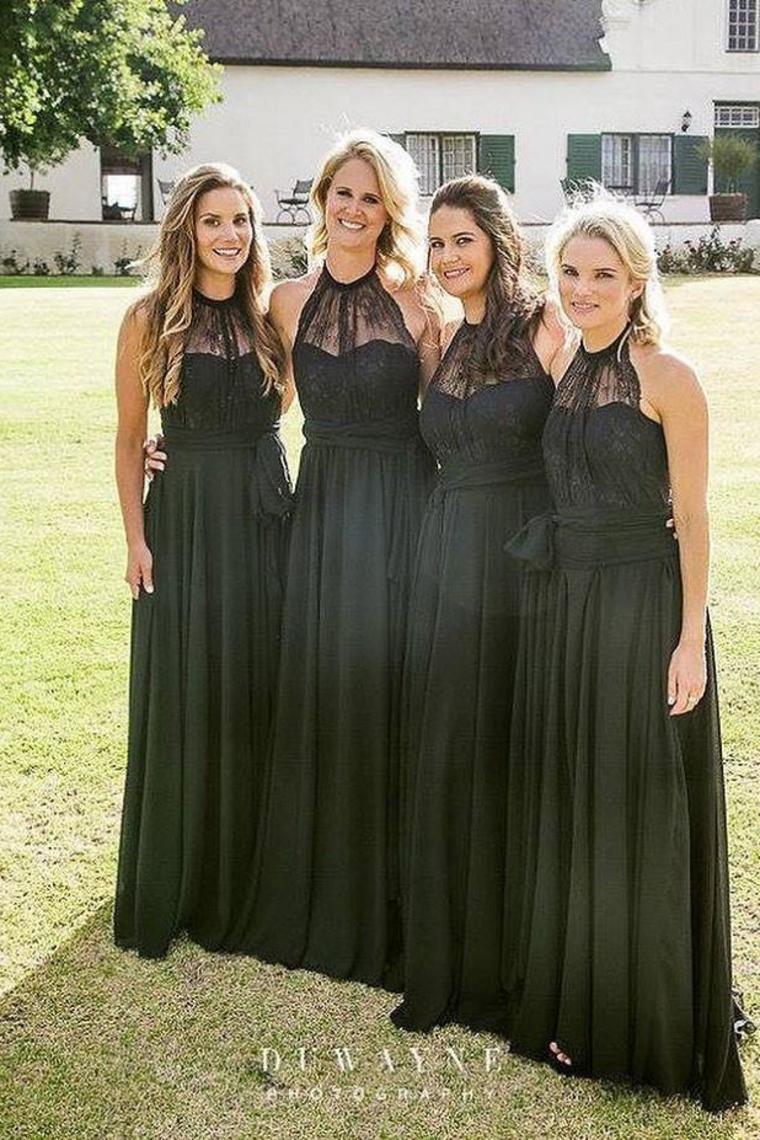 A-Line Long Black Lace Chiffon Bridesmiad Dresses Bridesmaid Gowns