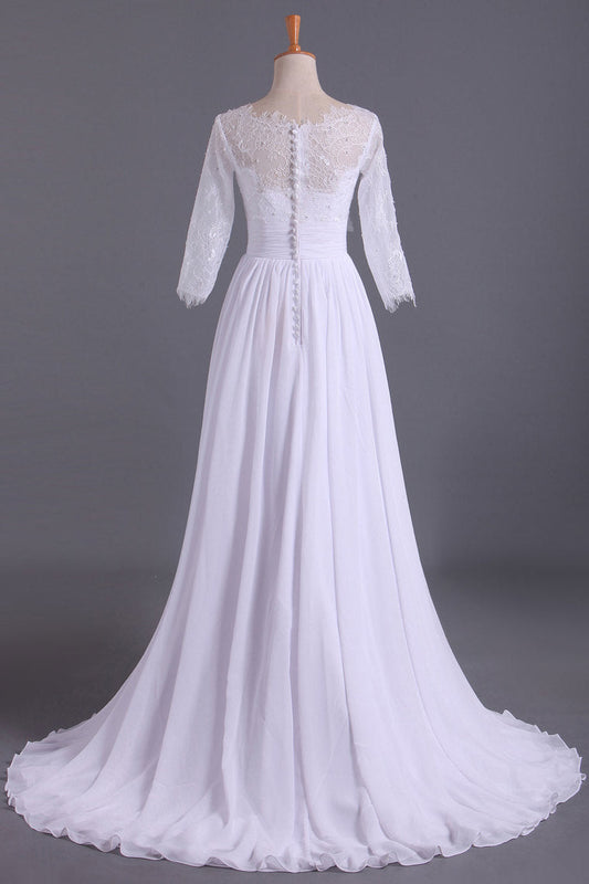 2024 Bateau 3/4 Length Sleeve A Line Wedding Dresses Chiffon With Applique & Handmade Flower