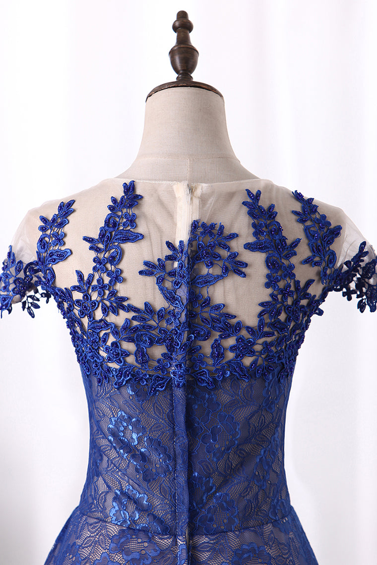 2024 Dark Royal Blue Evening Dress Scoop Cap Sleeves See-Through Lace With Applique A Line