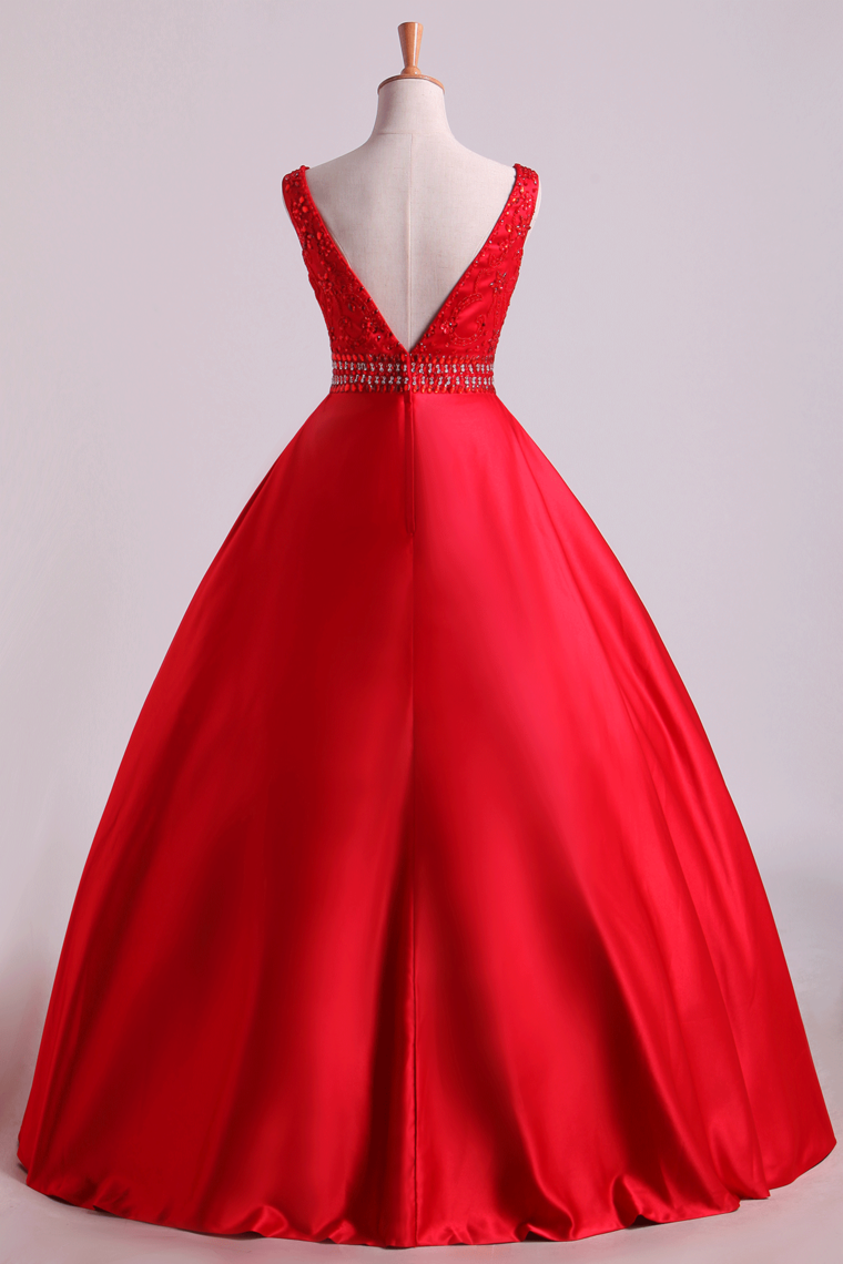 2024 Hot Red Satin Prom Dresses Straps Floor Length Beaded Bodice A Line