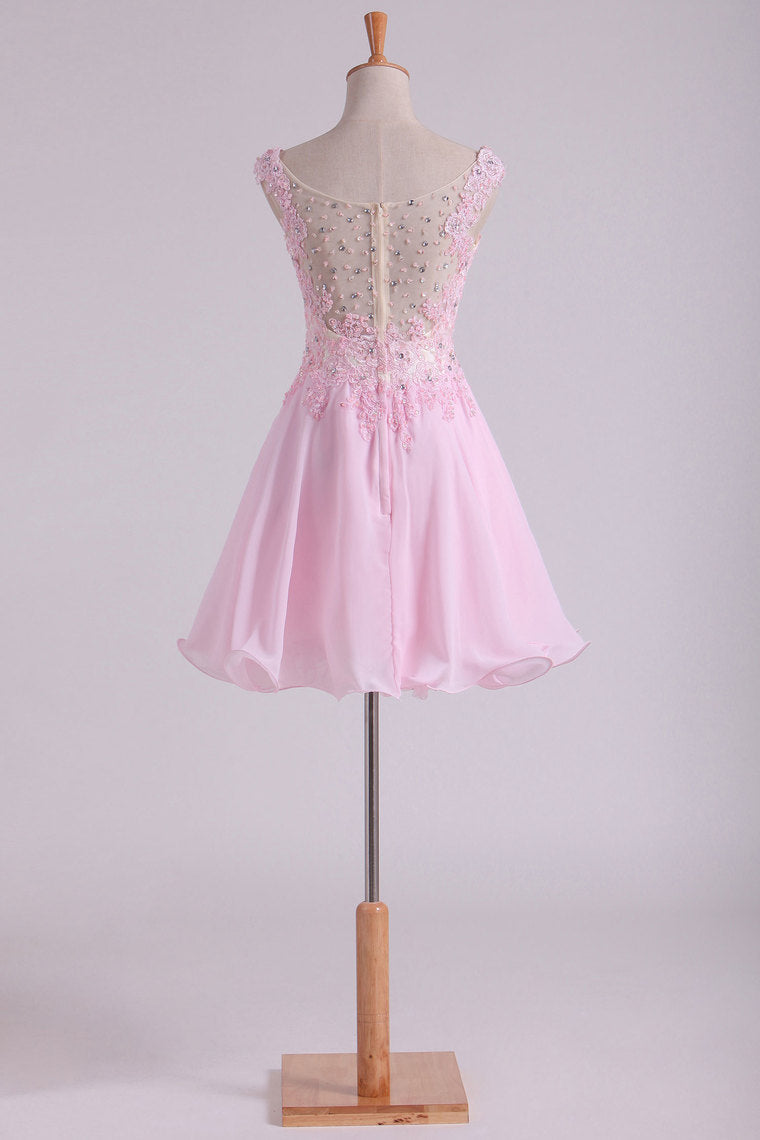 2024 Bateau A Line Short/Mini Prom Dress Chiffon With Applique & Beads