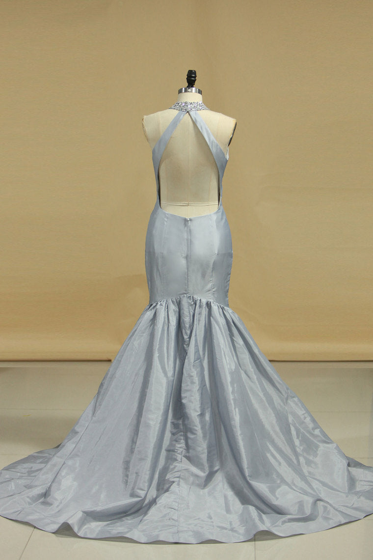 2024 Prom Dresses High Neck Mermaid Taffeta With Beading Open Back