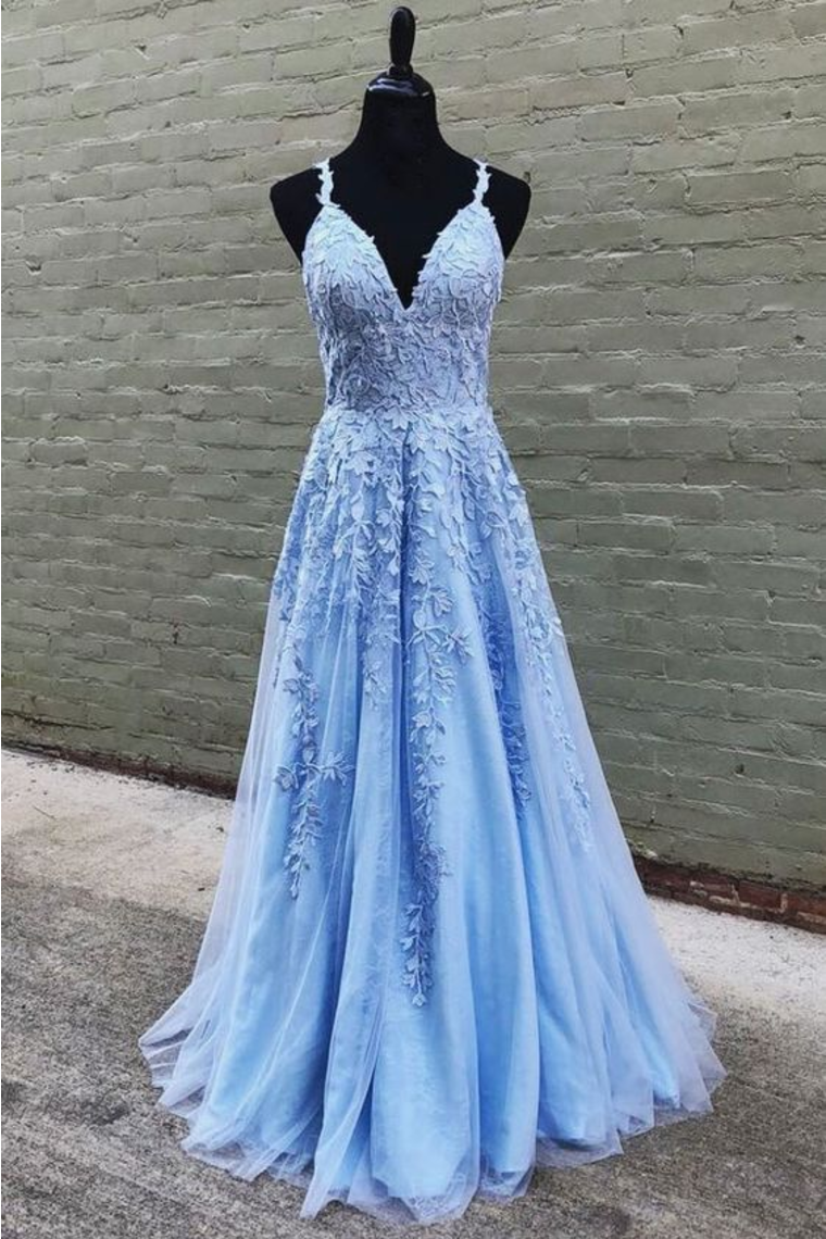 A Line V Neck Straps Appliques Long Prom Dress, Cheap Tulle Formal Dresses