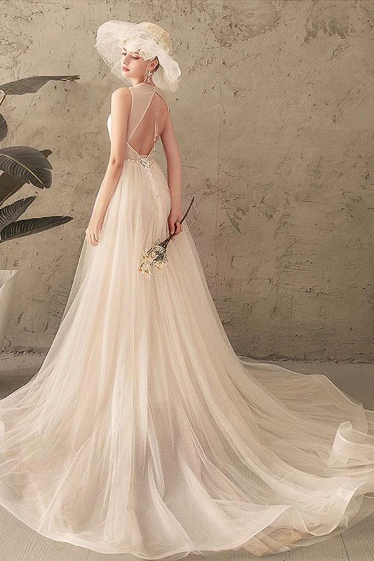 Ivory Jewel Sleeveless Tulle Wedding Dress With Lace, A Line Pleats Open Back Bridal Dress