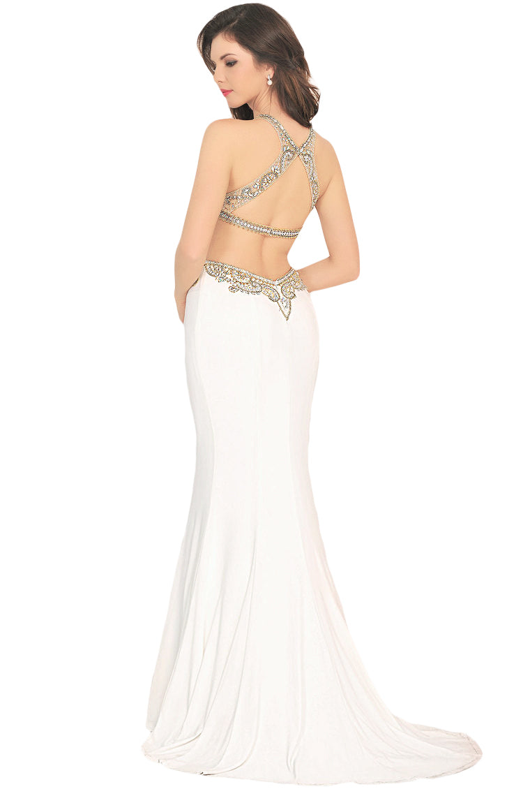 2024 Prom Dresses Scoop Beaded Bodice Mermaid Spandex Open Back