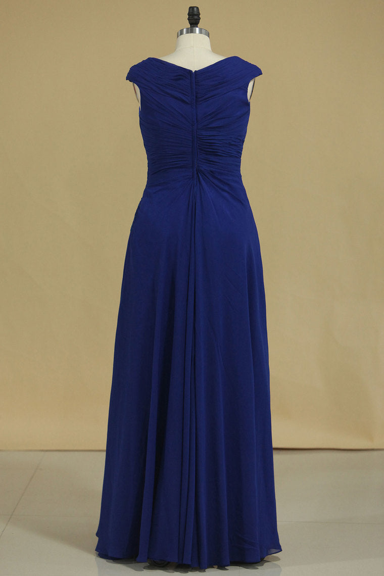 2024 Dark Royal Blue A Line Cowl Neck Prom Dresses Chiffon With Applique And Beads