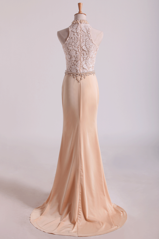 2024 High Neck Prom Dresses Sheath Lace & Spandex Sweep Train