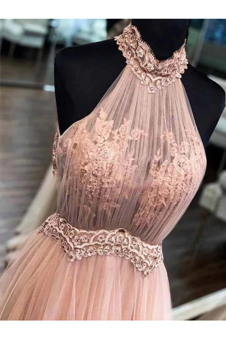 Chic Halter Formal Prom Dress Tulle Appliques A Line Evening Dress