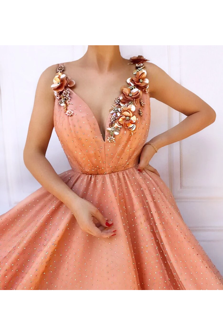 Charming Orange 3D Flowers Long Prom Dresses V-Neck Tulle Cheap Evening Dresses