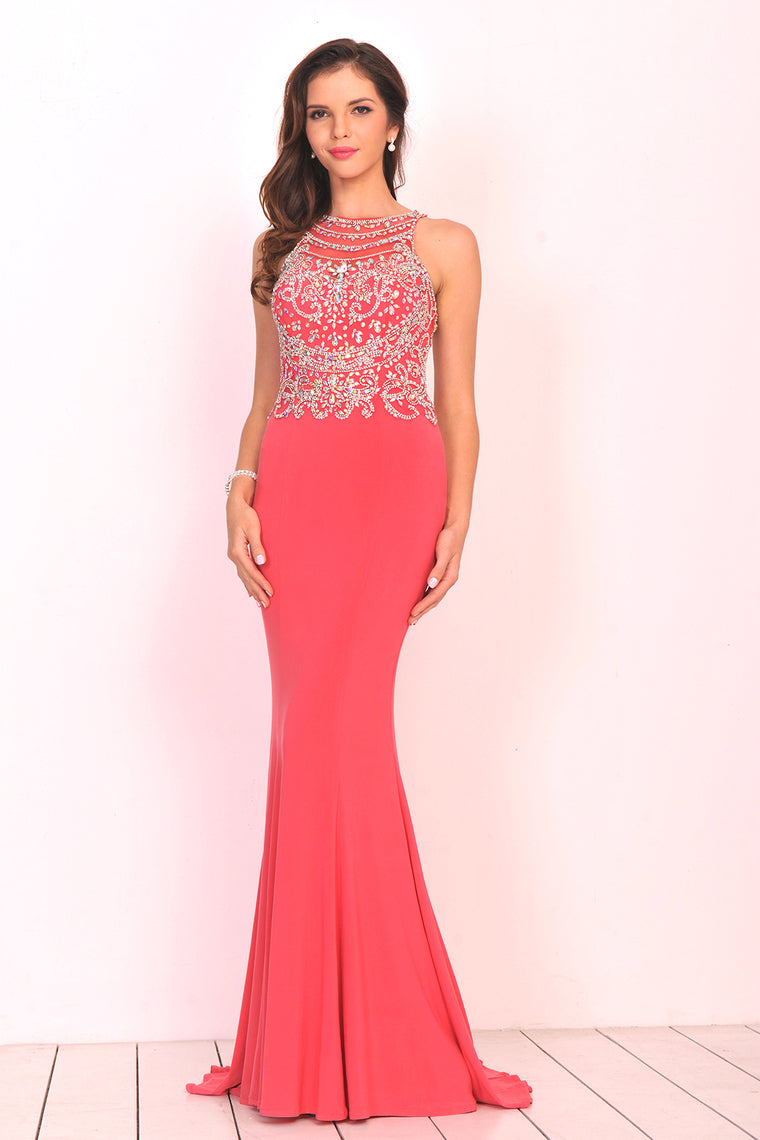 2024 Spandex Scoop With Beading Prom Dresses Mermaid Sweep Train