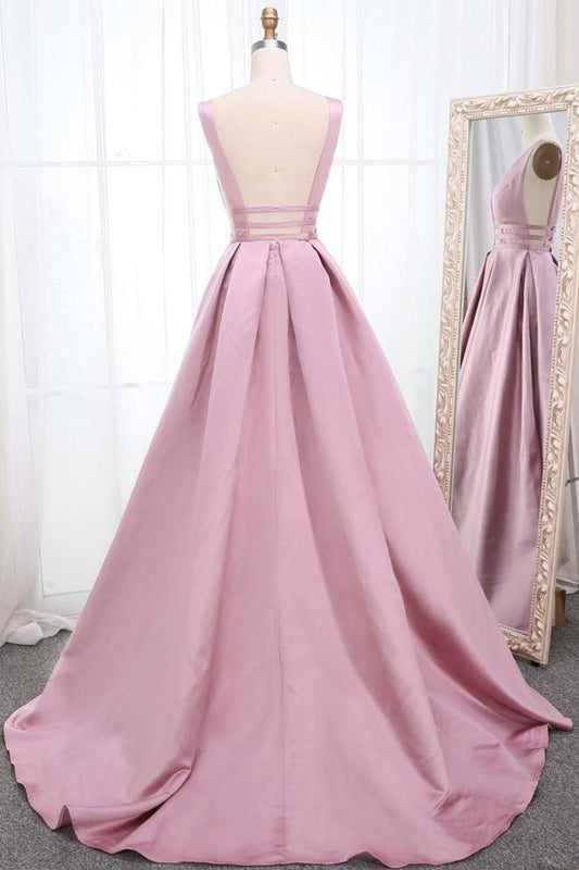 Simple V Neck Sleeveless Long Prom Dress, A Line Ruched Long Evening Dresses