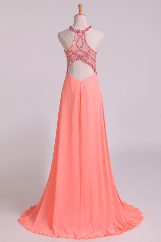 2024 Halter Prom Dresses A Line Chiffon & Tulle Sweep Train With Beading