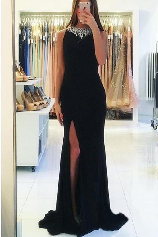 2024 Sexy Open Back Prom Dresses Scoop Chiffon With Beads And Slit