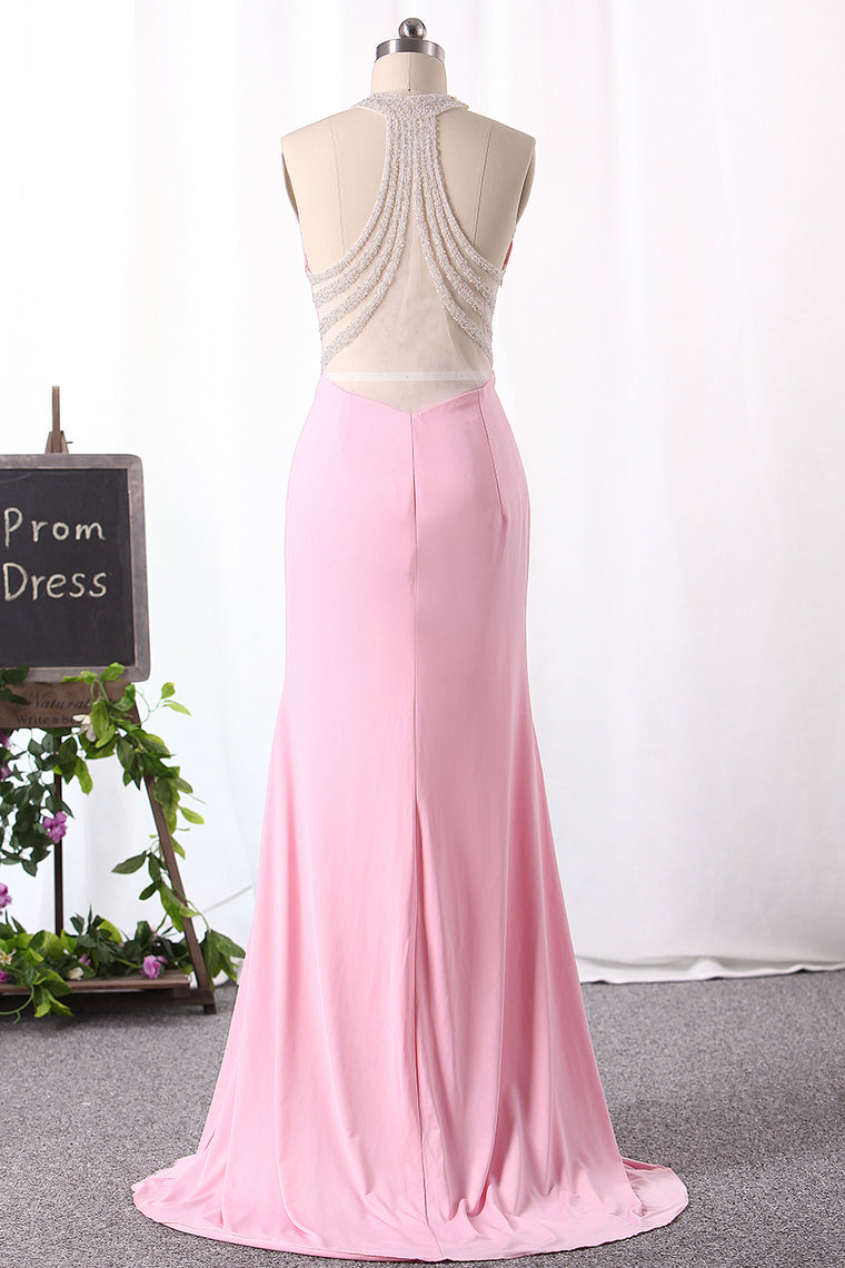 2024 Mermaid Prom Dresses Halter Spandex Zipper Up With Beadings New Arrival