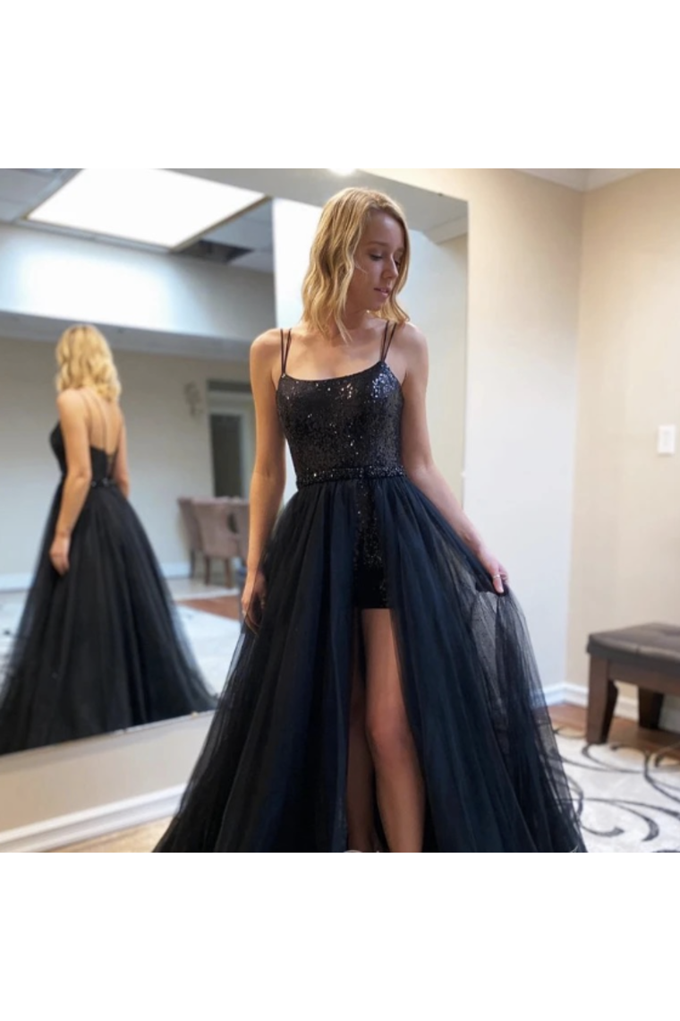 Sequins Short Dress With Detachable Tulle Long Skirt Prom Dress