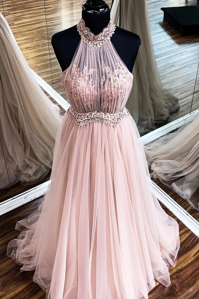 Chic Halter Formal Prom Dress Tulle Appliques A Line Evening Dress