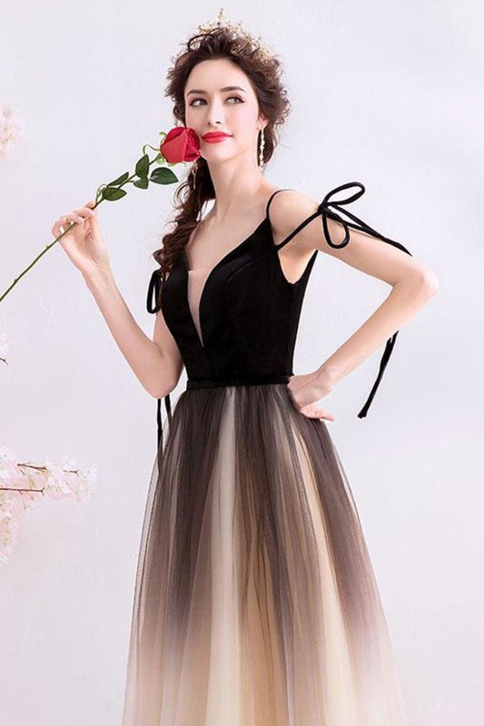 Black Deep V Neck Sleeveless Floor Length Tulle Prom Dress