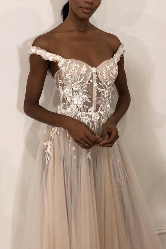 Unique Off The Shoulder Ivory Long Wedding Dress With Appliques, Sweetheart Wedding Gowns