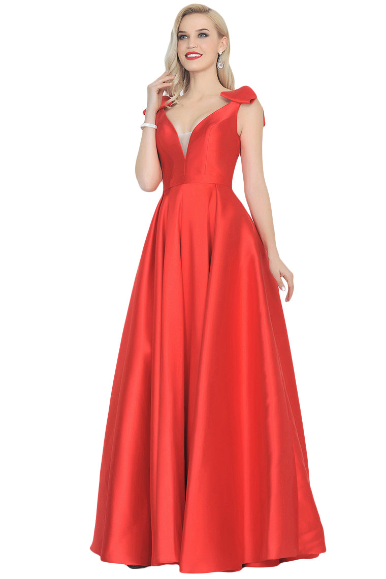 2024 V-Neck Bubble Shoulder A-Line Satin Evening Dress Floor-Length