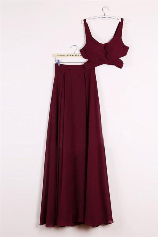 Simple Cheap Long 2 Pieces Chiffon A-Line Burgundy Prom Dresses