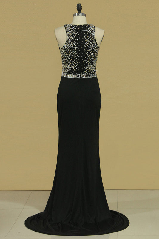 2024 Prom Dresses Scoop Spandex With Beading Mermaid Sweep Train