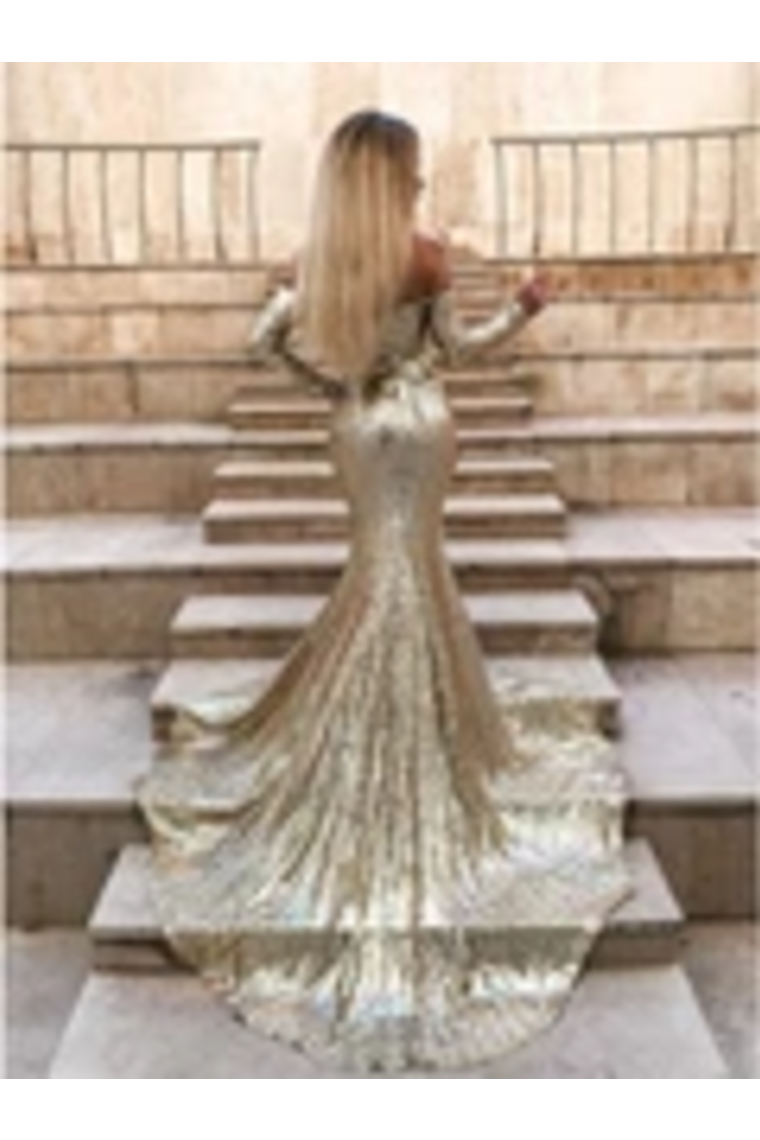 Mermaid Long Split Prom Dress Gold Sequined Evening Dress With Sleeves