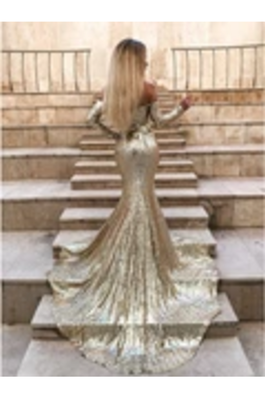 Mermaid Long Split Prom Dress Gold Sequined Evening Dress With Sleeves