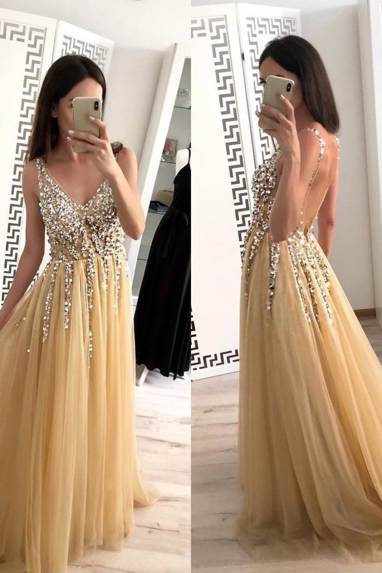 2024 Champagne Tulle Beading A-Line V-Neck  Prom Dresses WIth Sweep Train